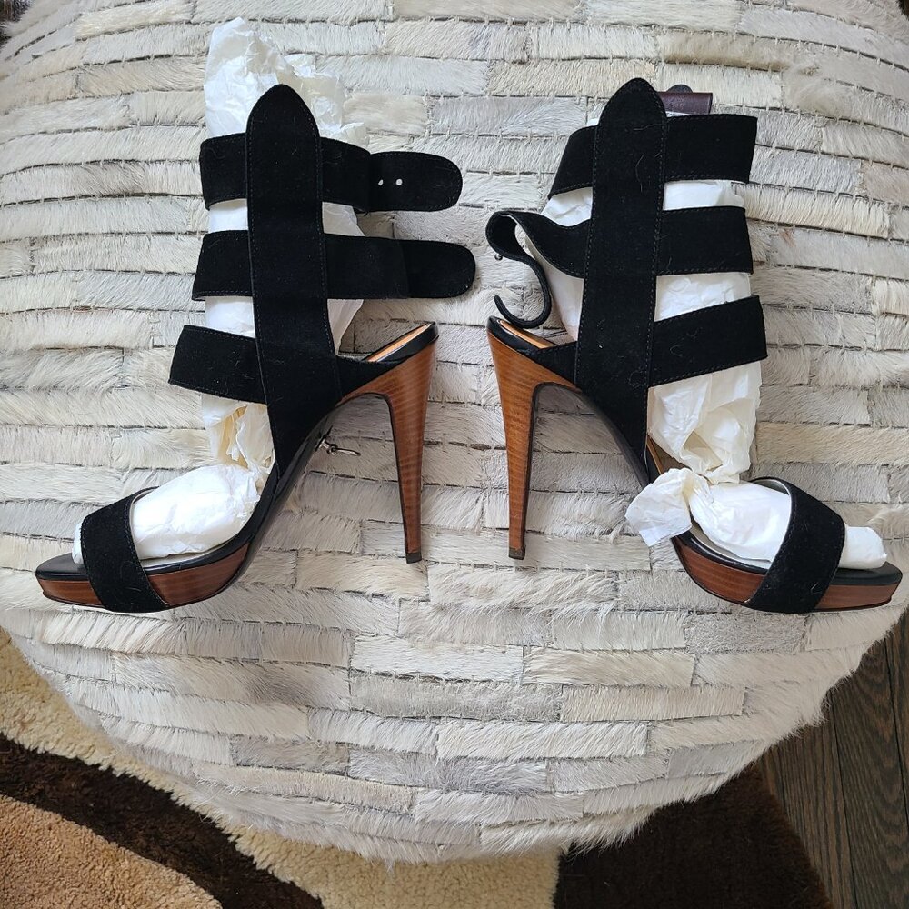 Braided Strap Black and Brown Suede High Heel Sandals - Picture 10 of 11